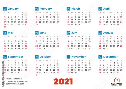 Simple calendar template for 2021 year. Week starts on Sunday. Vector illustration