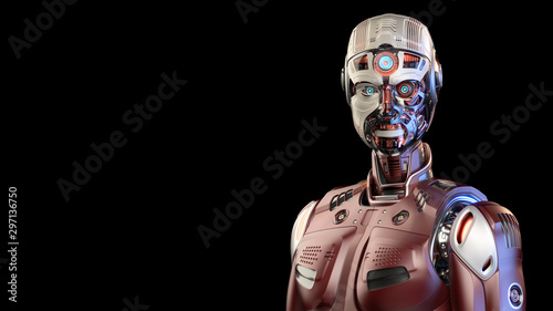 Платно Detailed futuristic robot man or red humanoid cyborg with white head showing some internal parts of his metallic skull