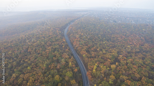 Photo of an autumn forest aerial view at sunset. © sergeytay