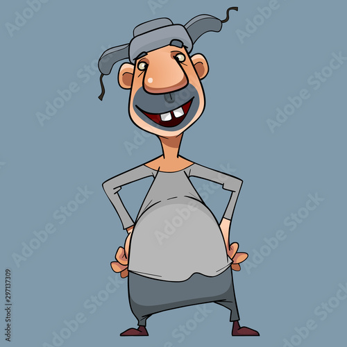 cartoon cheerful man in hat with earflaps stands hands on hips