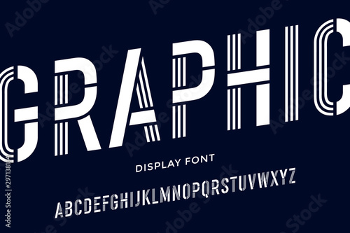 Stencil font. Black and white condensed alphabet and line font