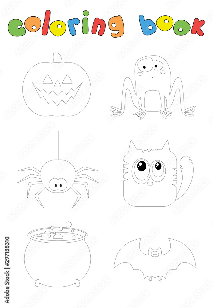 Cartoon spider, bat, pumpkin, cat, toad and pot. Coloring book for kids Cartoon spider, bat, pumpkin, cat, toad and pot. Coloring book for kids