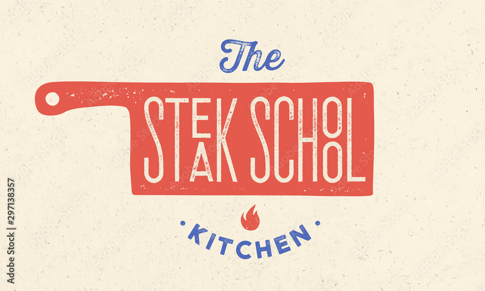 Naklejka Logo mięsa. Logo szkoły gotowania z ikoną noża szefa kuchni, typografia tekstu