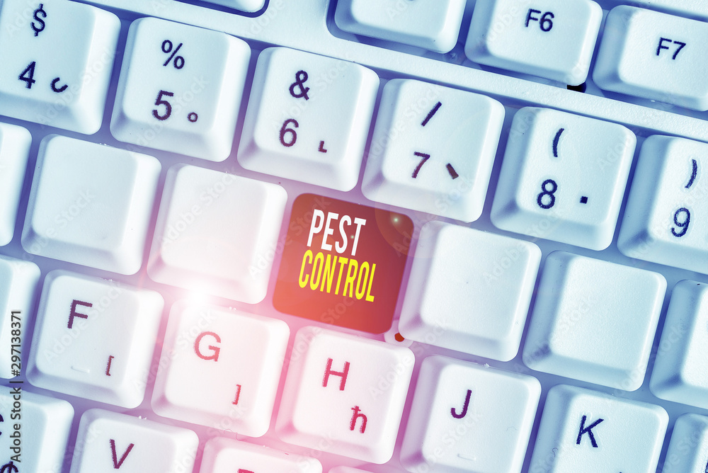 Handwriting text Pest Control. Conceptual photo Killing destructive insects that attacks crops and livestock White pc keyboard with empty note paper above white background key copy space Handwriting text Pest Control. Conceptual photo Killing destructive insects that attacks crops and livestock White pc keyboard with empty note paper above white background key copy space
