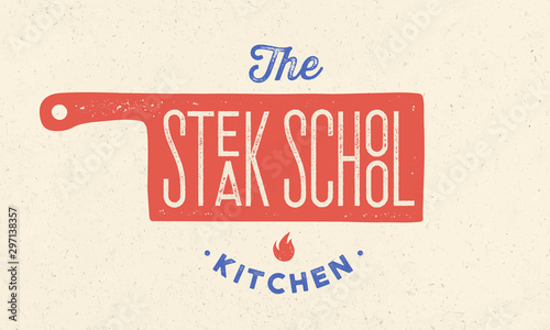 Meat logo. Logo for Cooking school with icon chef knife, text typography