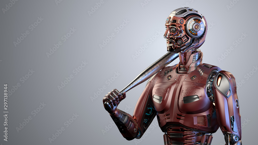 Detailed futuristic robot man or red humanoid cyborg holding a metallic baseball bat. Upper body isolated on color background with free copy space on the left. 3d render
