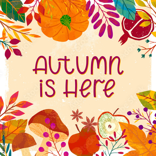 Autumn poster with seasonal vegetables and fruits: pumpkin,forest mushrooms,tree branches,apples,pomegranates,plants,leaves,berries,acorns.Harvest season.Trendy fall vector illustration.