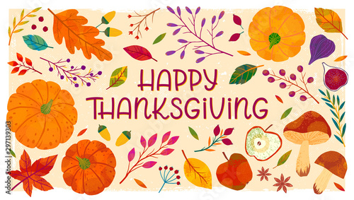 Happy Thanksgiving day banner with pumpkins,mushrooms,tree branches,apples,figs,plants,leaves,berries and floral elements.Holiday tabletop decoration.Thanksgiving dinner.