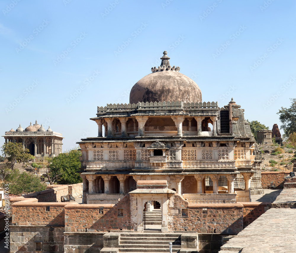 Exterior of ancient Vedi temple and Neelkanth Mahadev Temple in background at Kumbhalgarh fort near Udaipur, Rajasthan, India