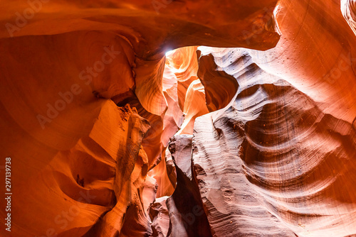 Fotografija Low wide angle view of shadows and light at upper Antelope slot canyon with wave