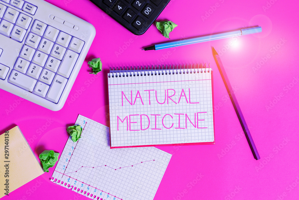 Handwriting text writing Natural Medicine. Conceptual photo any of various systems of healing or treating disease Writing equipments and computer stuffs placed above classic wooden table Handwriting text writing Natural Medicine. Conceptual photo any of various systems of healing or treating disease Writing equipments and computer stuffs placed above classic wooden table