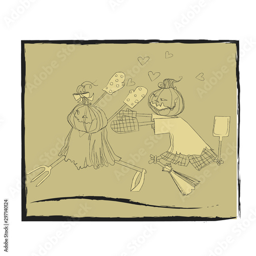 Halloween holiday. cute pumpkin character. chasing a sweetheart pumpkin
