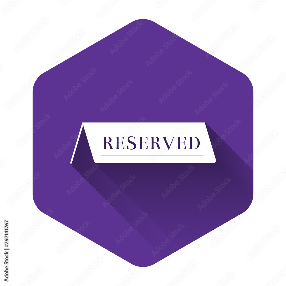 White Reserved icon isolated with long shadow. Purple hexagon button. Vector Illustration White Reserved icon isolated with long shadow. Purple hexagon button. Vector Illustration