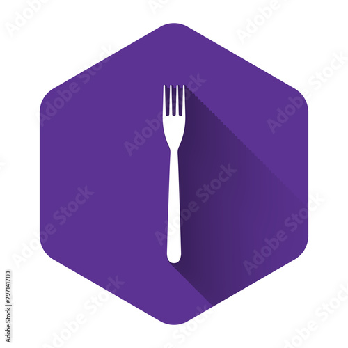 White Fork icon isolated with long shadow. Purple hexagon button. Vector Illustration