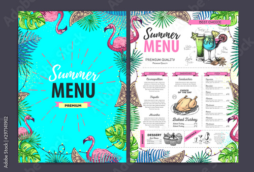 Restaurant summer menu design with tropic leaves and cocktails. Fast food menu