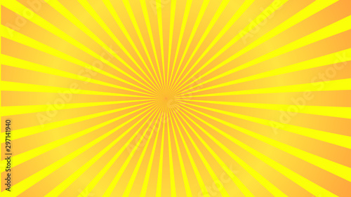 Sun rays background. Yellow orange radiate sun beam, burst effect. Sunbeam light flash boom. Template poster sale. Sunlight star, sunrise burst. Solar radiance glare, retro design. Vector illustration