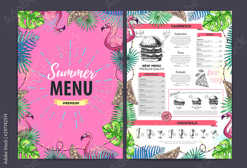 Restaurant summer menu design with tropic leaves. Fast food menu