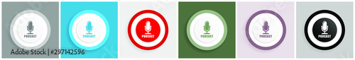 Podcast icon set, colorful flat design vector illustrations in 6 options for web design and mobile applications