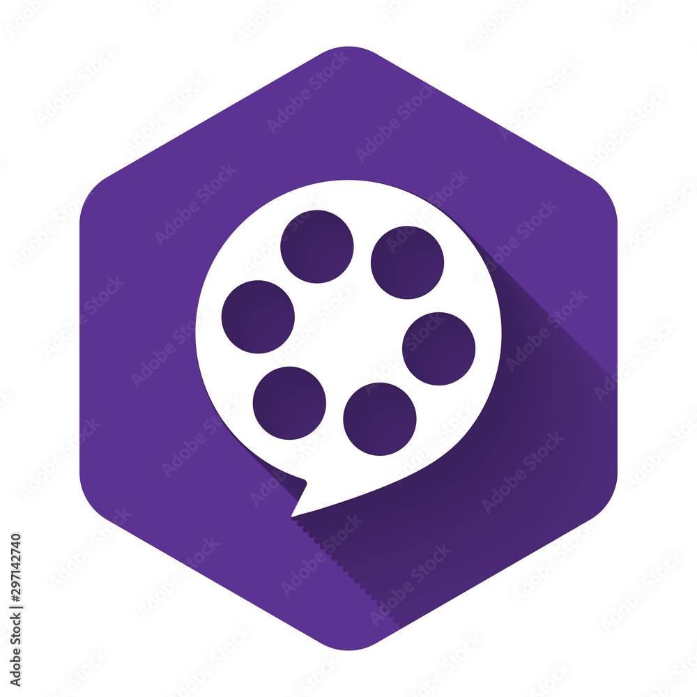 White Film reel icon isolated with long shadow. Purple hexagon button. Vector Illustration