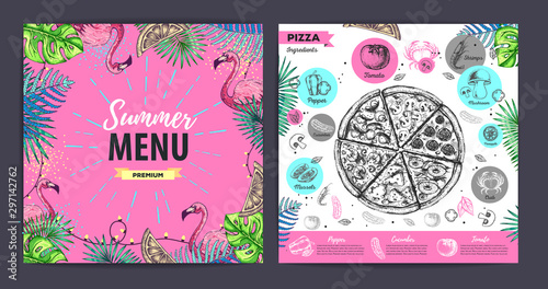 Restaurant summer pizza menu design with tropic leaves. Fast food menu