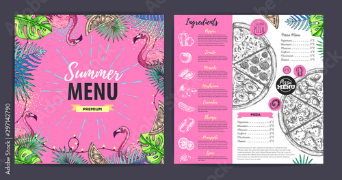 Restaurant summer pizza menu design with tropic leaves. Fast food menu