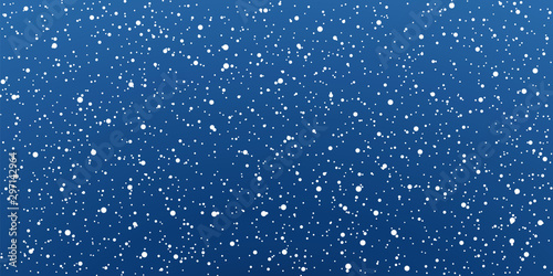 Snow blue background. Christmas snowy winter design. White falling snowflakes, abstract landscape. Cold weather effect. Magic nature fantasy snowfall texture decoration Vector illustration