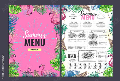 Restaurant summer menu design with tropic leaves and cocktails. Fast food menu