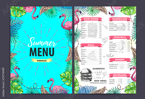 Restaurant summer menu design with tropic leaves. Fast food menu