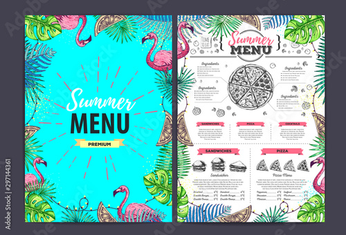 Restaurant summer pizza menu design with tropic leaves. Fast food menu