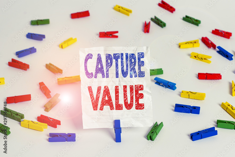 Text sign showing Capture Value. Business photo showcasing Customer Relationship Satisfy Needs Brand Strength Retention Colored clothespin papers empty reminder white floor background office Text sign showing Capture Value. Business photo showcasing Customer Relationship Satisfy Needs Brand Strength Retention Colored clothespin papers empty reminder white floor background office