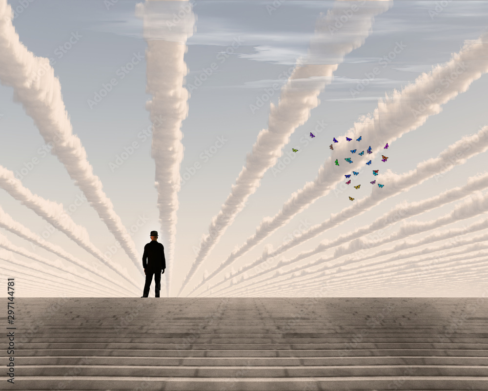 Man in black suit on top of stone stairs. Butterflies and surreal clouds in the sky