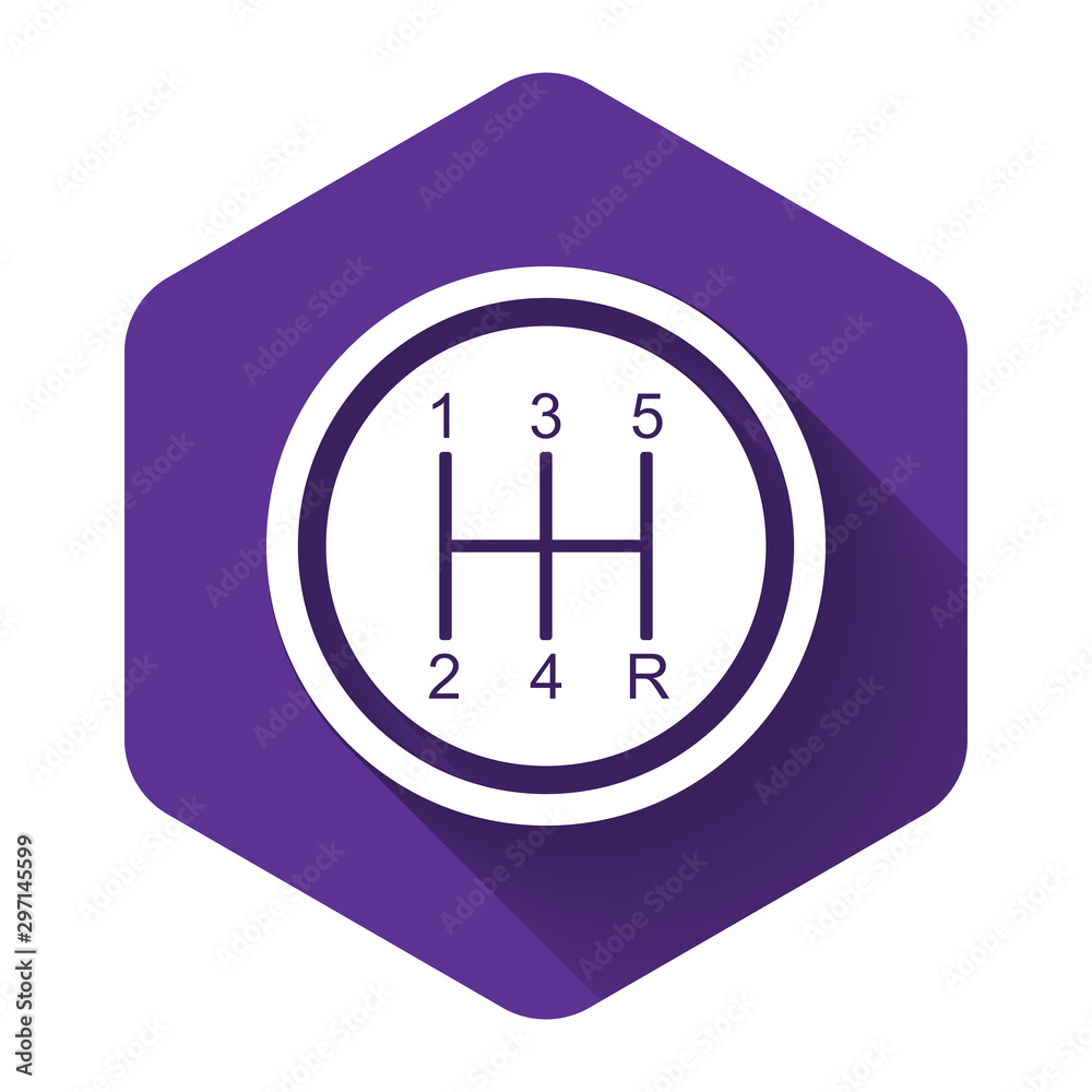 White Gear shifter icon isolated with long shadow. Transmission icon. Purple hexagon button. Vector Illustration White Gear shifter icon isolated with long shadow. Transmission icon. Purple hexagon button. Vector Illustration