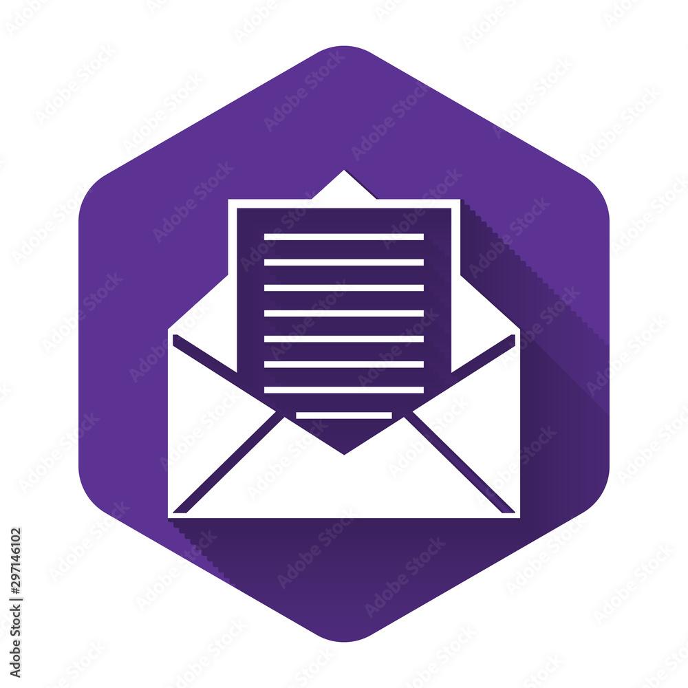 White Mail and e-mail icon isolated with long shadow. Envelope symbol e-mail. Email message sign. Purple hexagon button. Vector Illustration White Mail and e-mail icon isolated with long shadow. Envelope symbol e-mail. Email message sign. Purple hexagon button. Vector Illustration