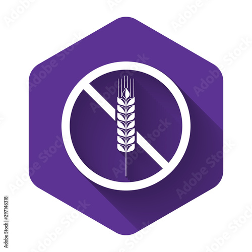 White Gluten free grain icon isolated with long shadow. No wheat sign. Food intolerance symbols. Purple hexagon button. Vector Illustration