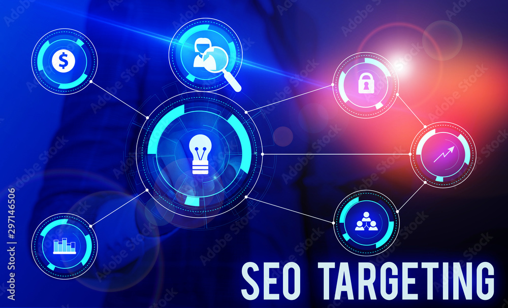 Conceptual hand writing showing Seo Targeting. Concept meaning Specific Keywords for Location Landing Page Top Domain Woman wear work suit presenting presentation smart device Conceptual hand writing showing Seo Targeting. Concept meaning Specific Keywords for Location Landing Page Top Domain Woman wear work suit presenting presentation smart device
