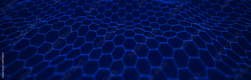 Futuristic blue hexagon background. Futuristic honeycomb concept. Wave of particles. 3D rendering. Futuristic blue hexagon background. Futuristic honeycomb concept. Wave of particles. 3D rendering.