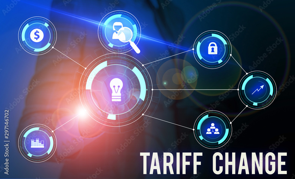Conceptual hand writing showing Tariff Change. Concept meaning Amendment of Import Export taxes for goods and services Woman wear work suit presenting presentation smart device Conceptual hand writing showing Tariff Change. Concept meaning Amendment of Import Export taxes for goods and services Woman wear work suit presenting presentation smart device