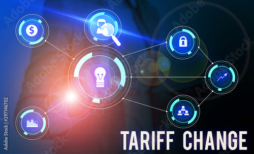 Conceptual hand writing showing Tariff Change. Concept meaning Amendment of Import Export taxes for goods and services Woman wear work suit presenting presentation smart device