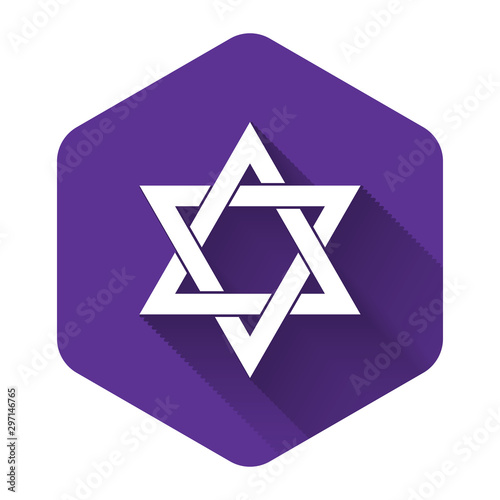 White Star of David icon isolated with long shadow. Jewish religion symbol. Purple hexagon button. Vector Illustration