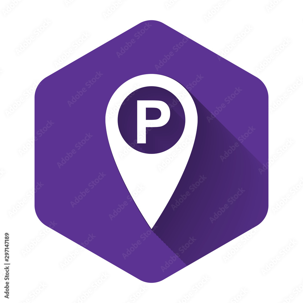 White Map pointer with car parking icon isolated with long shadow. Purple hexagon button. Vector Illustration White Map pointer with car parking icon isolated with long shadow. Purple hexagon button. Vector Illustration