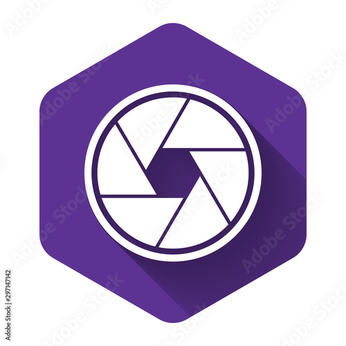 White Camera shutter icon isolated with long shadow. Purple hexagon button. Vector Illustration