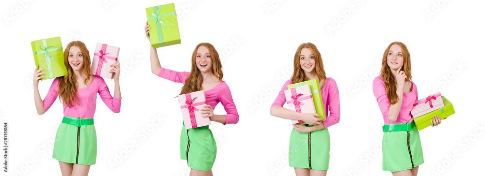 Young woman with christmas shopping on white Young woman with christmas shopping on white