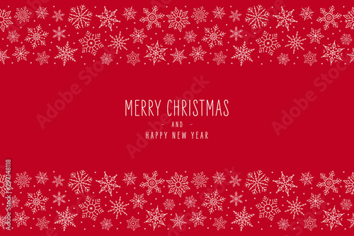 Christmas snowflake elements border card with greeting text seamless pattern red background.