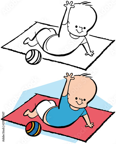 A newborn baby plays on a blanket.