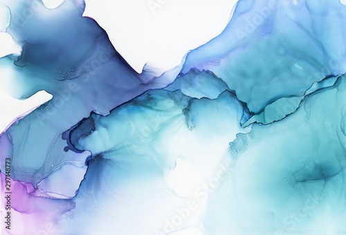 Abstract illustration in alcohol ink technique. Dark and sky blue marble texture. Wash drawing effect wallpaper. Modern illustration for card design  creative banners and ethereal graphic design.