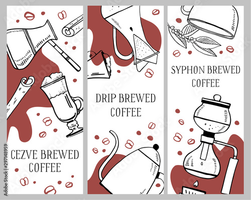 Drip, cezve, syphon coffee brewing methods banner design templates. Hand drawn vector outline illustration