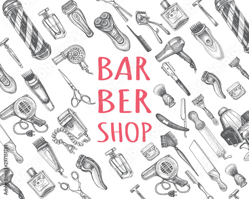 Hand drawn sketch illustration for barbershop. Identity Hair Salon. Accessories for the hairdresser, made in graphic style.