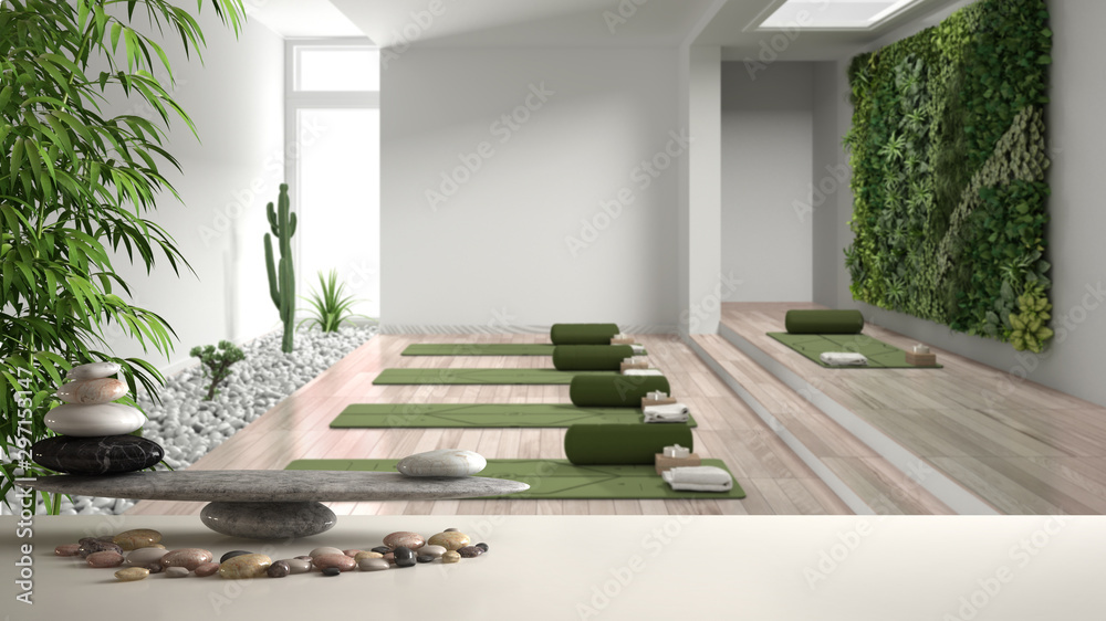 White table shelf with pebble balance and 3d letters making the word feng  shui over yoga studio, vertical garden, ready for yoga practice, meditation  room, zen concept interior design Stock Illustration
