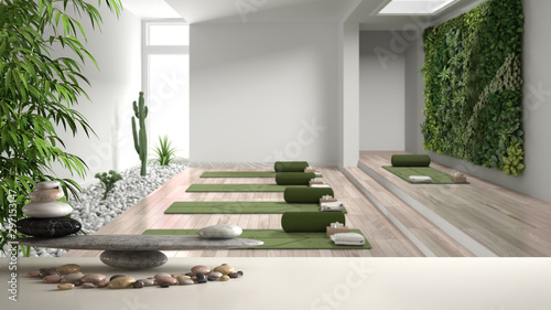 Canvas Print White table shelf with pebble balance and 3d letters making the word feng shui o