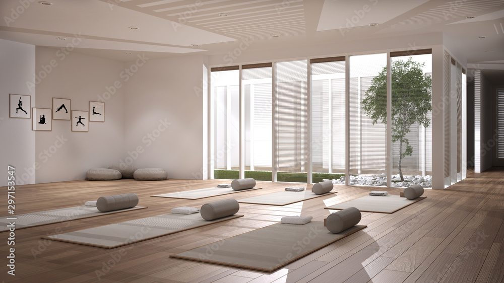 Empty yoga studio interior design, open space with mats, pillows and accessories, parquet, patio house, inner garden with tree and pebbles, ready for yoga practice, meditation room - obrazy, fototapety, plakaty 